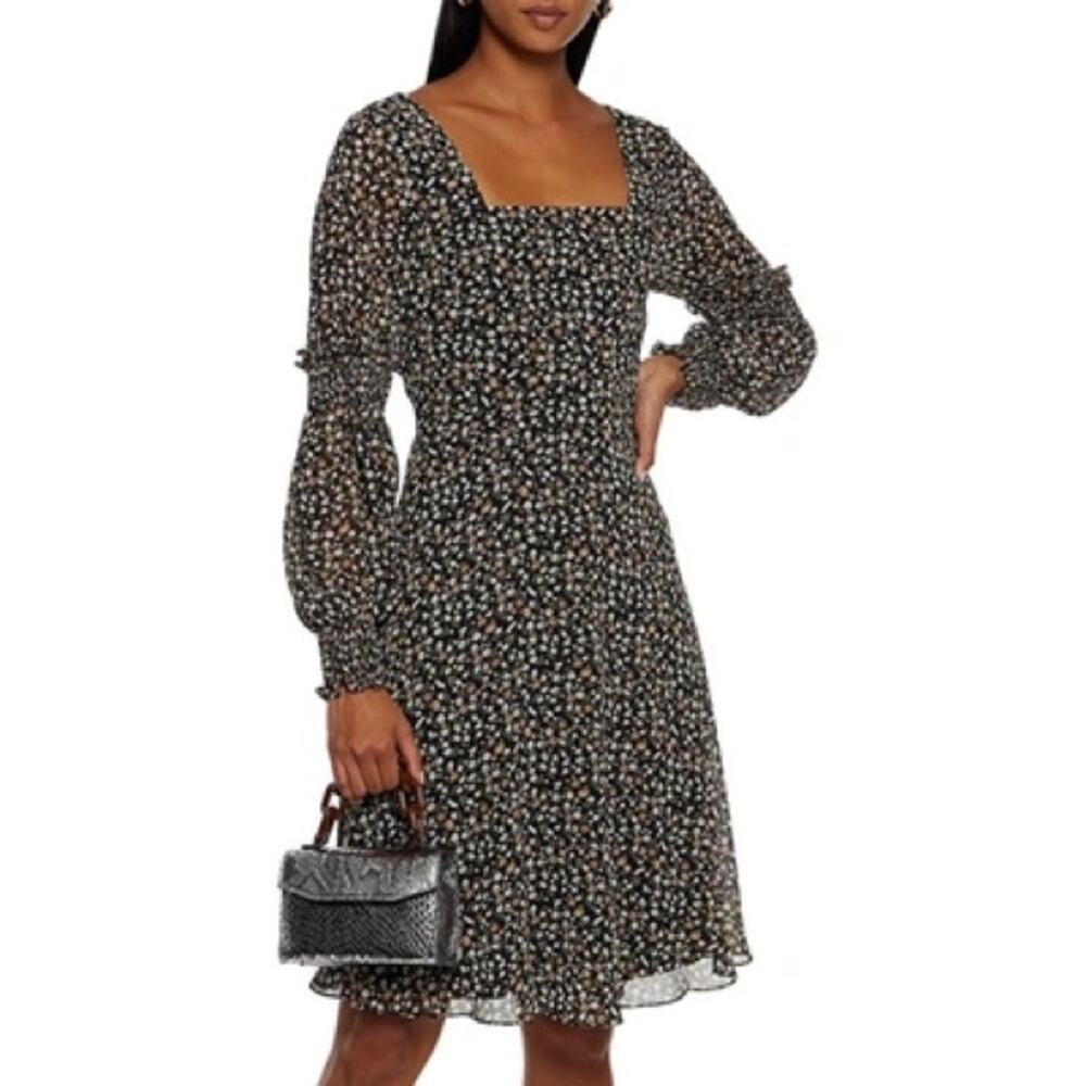 Mikael Aghal | Shirred Floral Print Chiffon Square Neck Mini Dress Long Sleeve 8